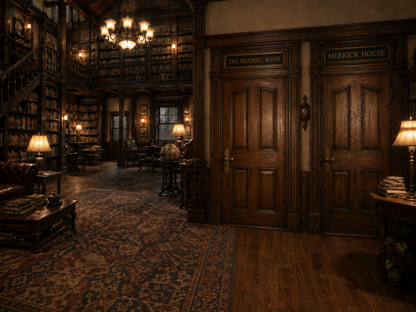 The House of Books library with two doors: The Reading Room and Merrick House