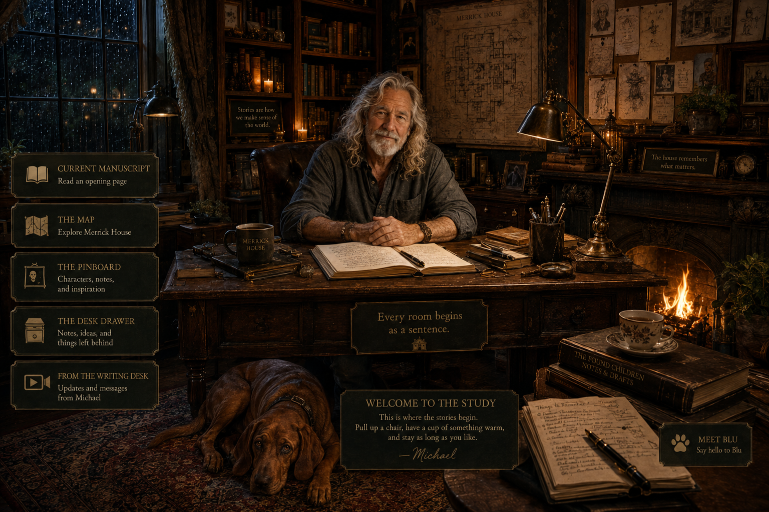 Writing desk in warm lamplight